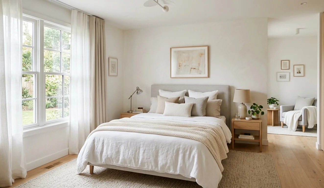 Планировка и зонирование в светлой спальне